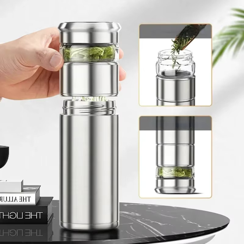 FANJANE Thermosflasche aus 316 Edelstahl mit Tee-Wasser-Trennung, isolierter Becher in Schwarz und Silber, 400 ml - Bild 2