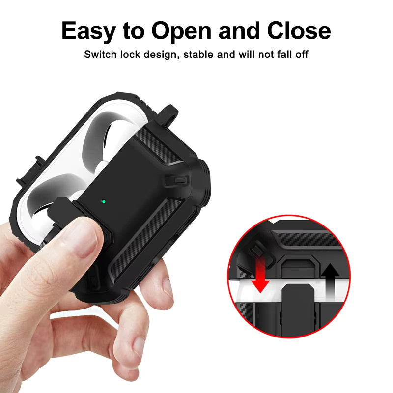 Stoßfeste Hartschalenhülle für Apple AirPods 1/2/3/4/Pro/Pro 2/Pro 3 in Grün mit Karabiner-Sicherheitsschloss - Bild 3