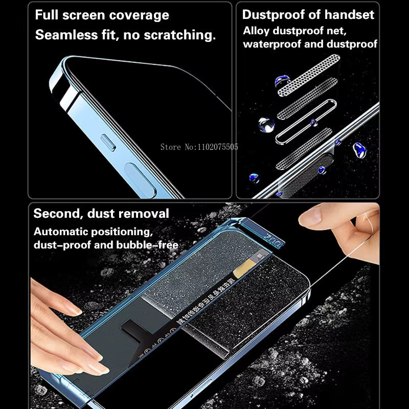 Vieruodis Displayschutzfolie aus gehärtetem Glas für iPhone 14 13 12 11 Pro Max Mini Xs Max XR X 8 Plus mit automatischem Staubentfernungsset, transparent - Bild 4