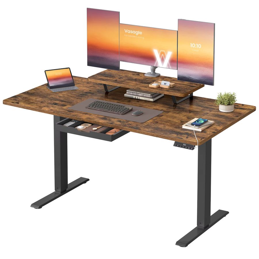 VASAGLE Höhenverstellbarer Schreibtisch mit Monitorständer und Schublade in Vintagebraun - Bild 2