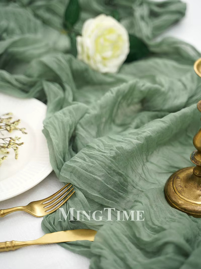 MINGTIME Plissee-Tischläufer aus Gaze in Salbei Grün, Vintage Design für Hochzeit und Party, Länge: 180 cm - Bild 2