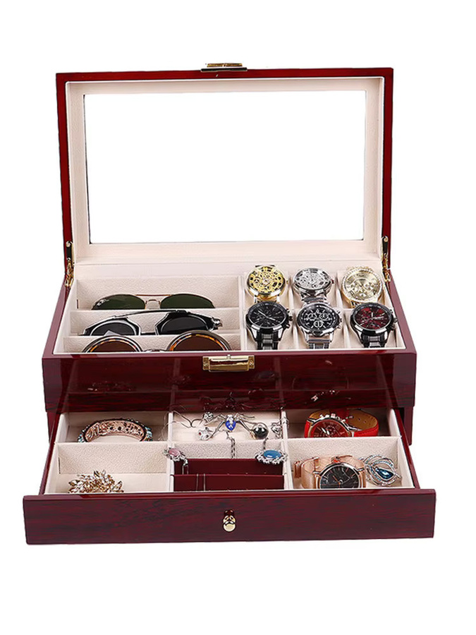 DOKW Schmuck-Aufbewahrungsbox aus Holz mit Vitrine für Uhren, Sonnenbrillen und Schmuck in doppellagiger Ausführung - Bild 3