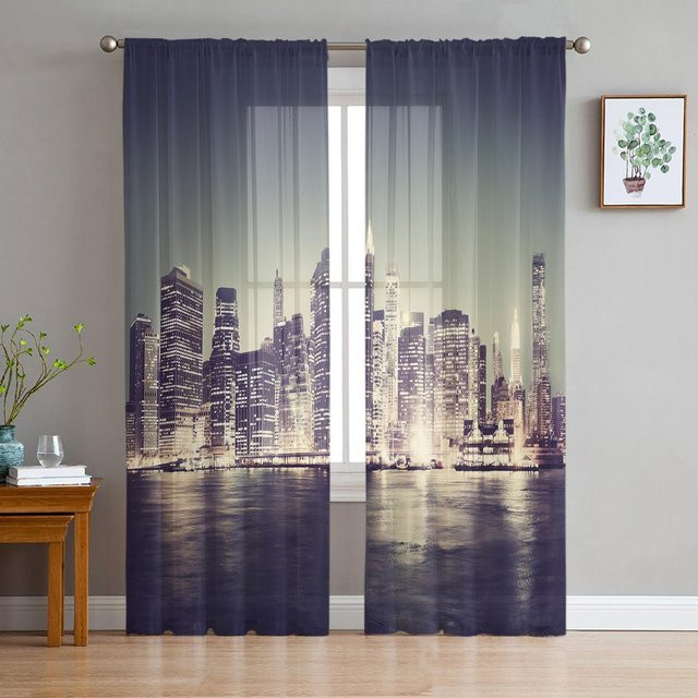 Transparente Chiffon-Vorhänge Super Six in Blau mit Naturmotiv, Breite: 135 cm, Höhe: 114 cm - Bild 1