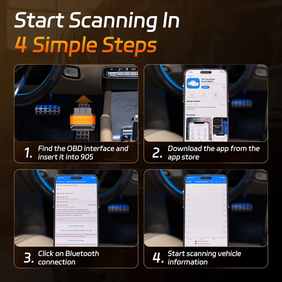 KONNWEI KW905 ELM327 OBD2 Scanner Bluetooth 5.0 Diagnose Tool für Android und iOS in Orange und Schwarz - Bild 4
