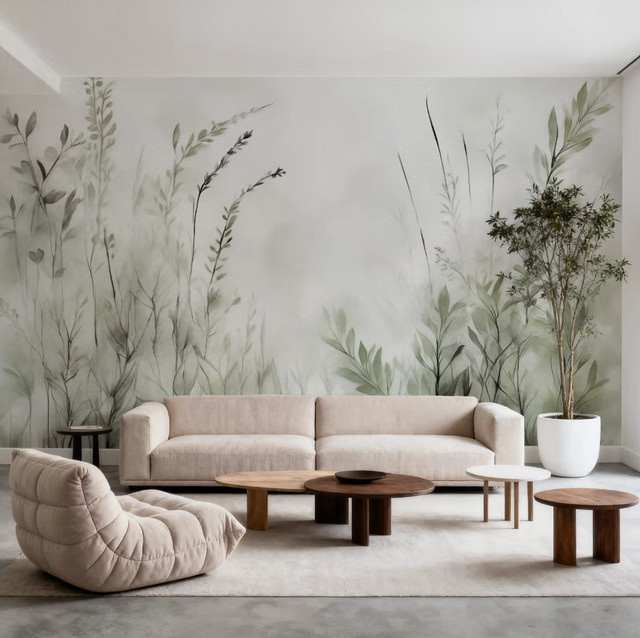 Maßgefertigte Wandtapete mit salbeigrünen Blättern in floraler Aquarell-Optik für dein Wohnzimmer oder Schlafzimmer - Bild 1