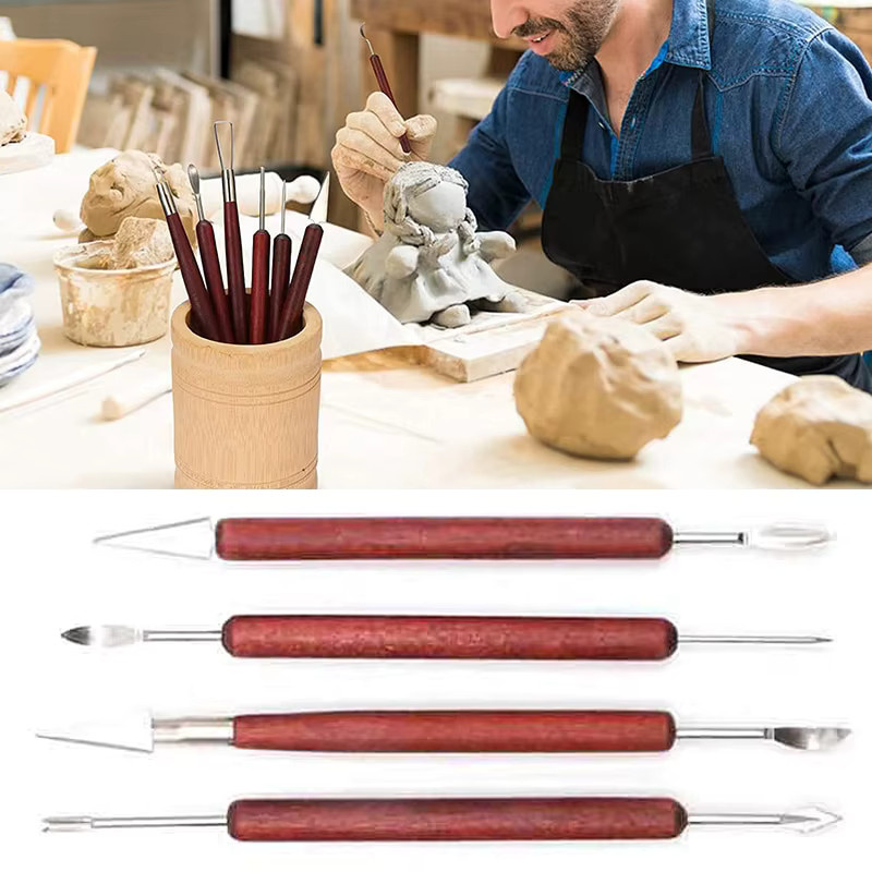 XMSJ 11-teiliges Töpferwerkzeug-Set mit Holzgriff in Braun für Keramik und Ton zum Schnitzen, Glätten und Formen - Bild 3