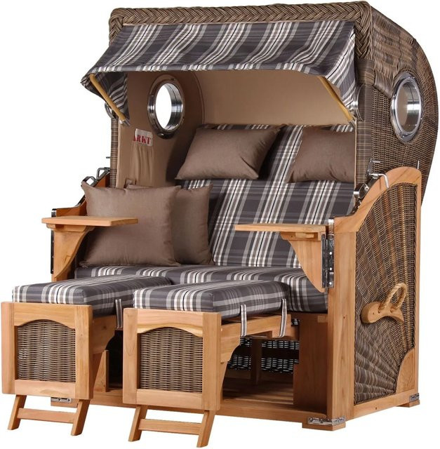 bene,iving Strandkorb Komplettset Ammersee aus Teakholz und PE-Rattan in Grau mit Bullauge und Zubehör - Bild 1