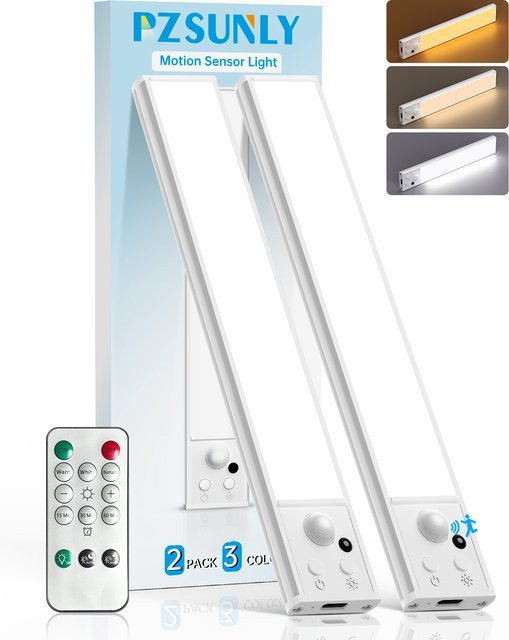 Pzsunly Unterschrankbeleuchtung mit Bewegungsmelder und Fernbedienung, wiederaufladbare LED Lichtleiste in Weiß für Küche, Schrank und Treppen - Bild 1