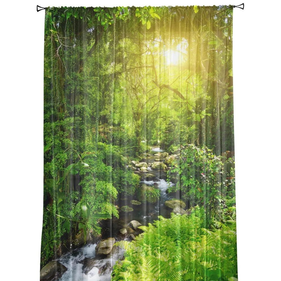 Yiran Furniture Transparente Tüll-Fenstervorhänge Naturlandschaft Waldbach mit Ösen, Breite: 135 cm, Höhe: 115 cm - Bild 1