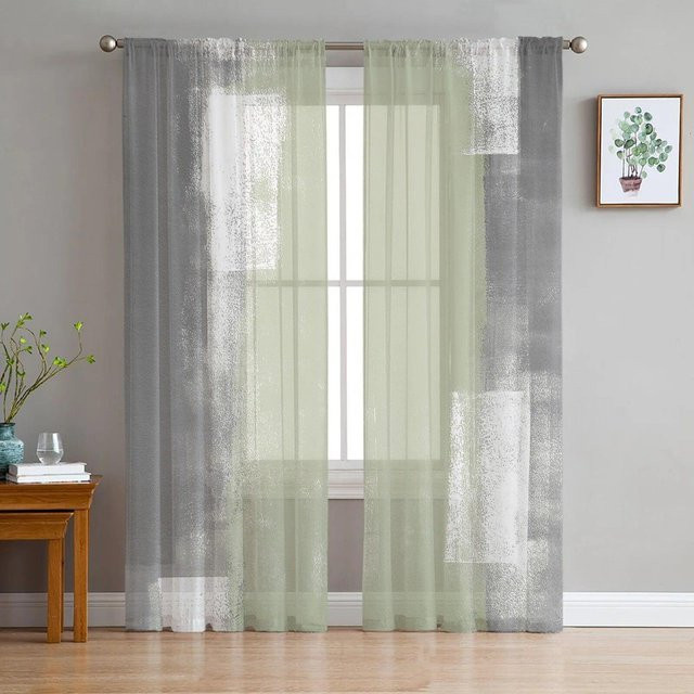 Transparente Voile-Fenstertüllvorhänge in Salbeigrün und Grau mit Ölmalerei-Textur, Breite: 135 cm, Höhe: 114 cm - Bild 1