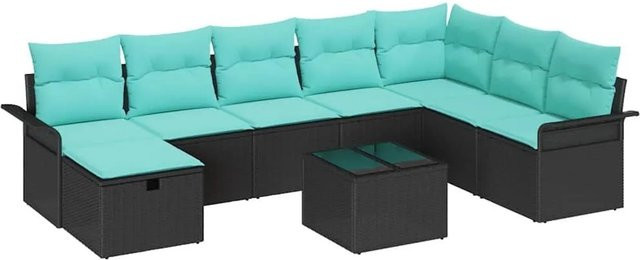 vidaXL Gartensofa-Set aus Poly-Rattan mit 9 Kissen in Schwarz und Türkis inklusive Gartentisch und Stauraum-Funktion - Bild 1