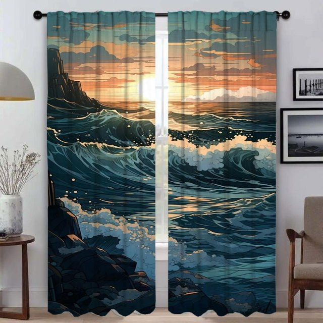 2er-Set Wellenvorhänge aus Tüll in Blau für Wohnzimmer und Schlafzimmer, semi-transparent, B: 60 cm, H: 90 cm - Bild 1