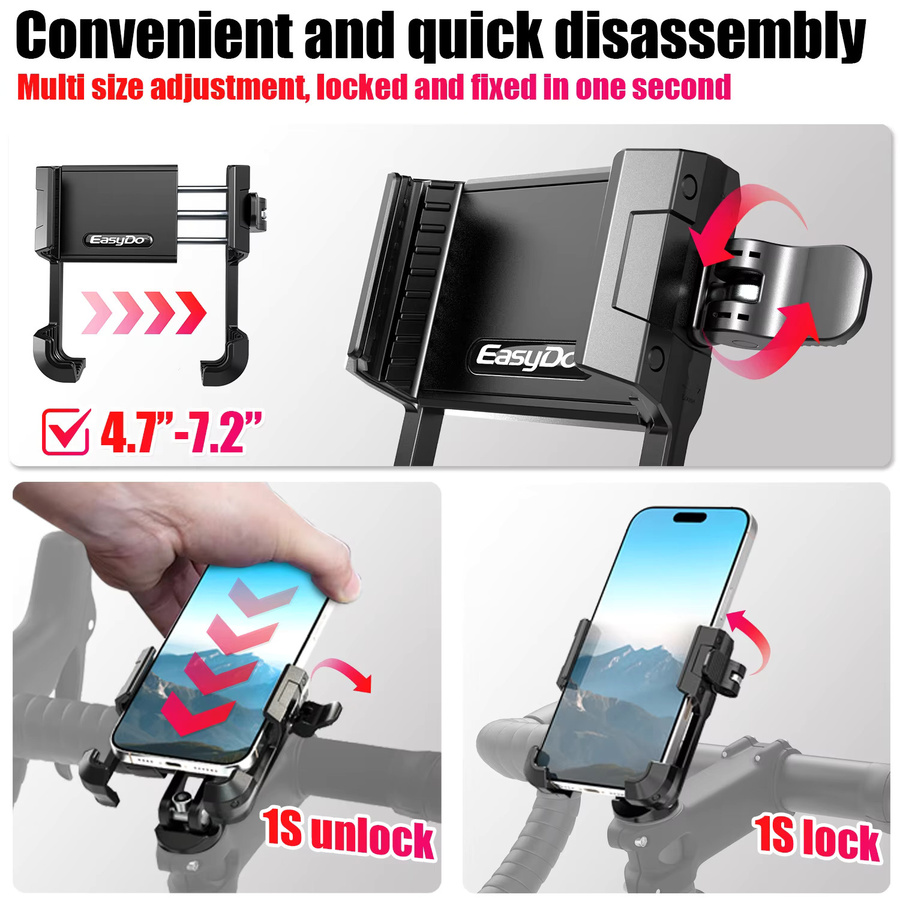 Easydo Aluminium-Fahrrad-Handyhalterung und E-Scooter-Halterung mit Anti-Vibrations-Funktion für Handys von 4,7 bis 7,2 Zoll und GoPro in Schwarz - Bild 5