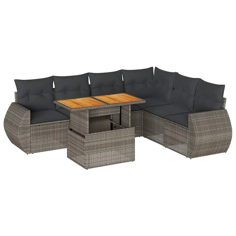 vidaXL 7-tlg. Garten-Sofagarnitur in L-Form aus Poly-Rattan und Akazienholz in Grau mit Kissen - Bild 2