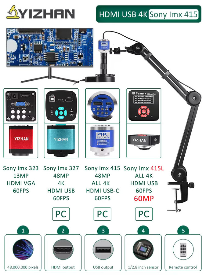 YIZHAN 4K Elektronisches Digitalmikroskop mit IMX415 Sensor, HDMI, USB und VGA, inklusive Anti-Vibrations-Halterung und Software, Schwarz - Bild 5