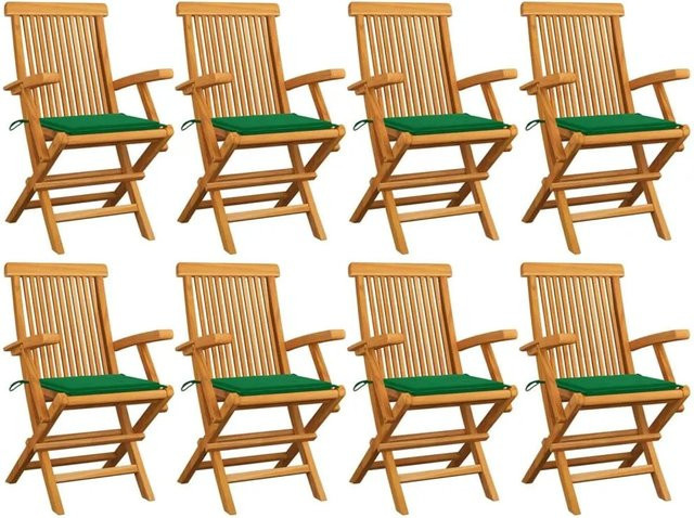 vidaXL Gartenstuhl-Set aus Teak-Massivholz mit grünen Polsterkissen, 8 Stück, stapelbar - Bild 1