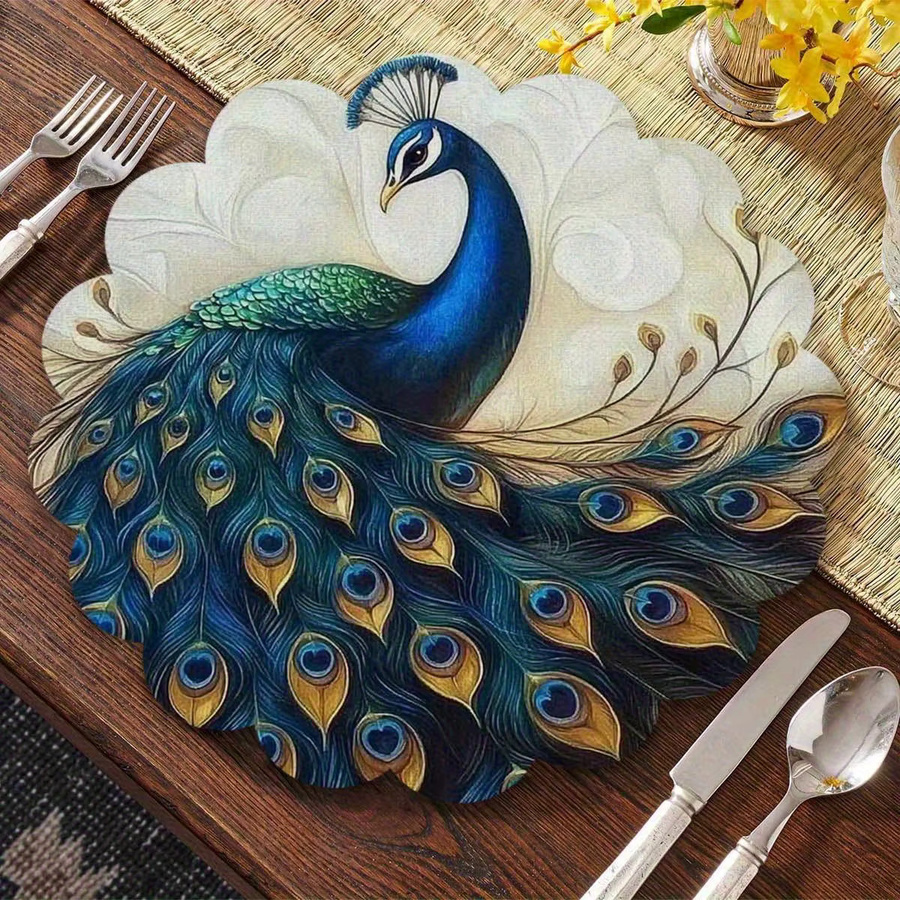 VIKAMA 4er-Set Platzsets aus Leinen mit Pfauenfeder-Design in Blau Grün Gold, rund, Durchmesser: 38 cm - Bild 2