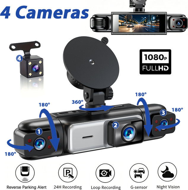 ZKCAMSPY Action Cam Dashcam mit 3/4-Linsen-System, 1080P Full HD Videorekorder, Nachtsicht, 24/7 Parküberwachung, G-Sensor und Schleifenaufzeichnung in Schwarz - Bild 1