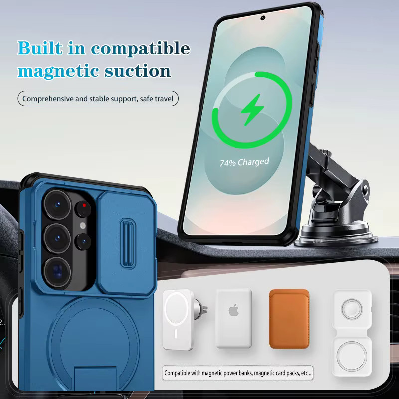 Gepanzerte magnetische Handyhülle mit Schiebefenster und Halterung für Samsung Galaxy S26 S25 Edge S24 S23 Ultra Plus in Pink oder Blau - Bild 4