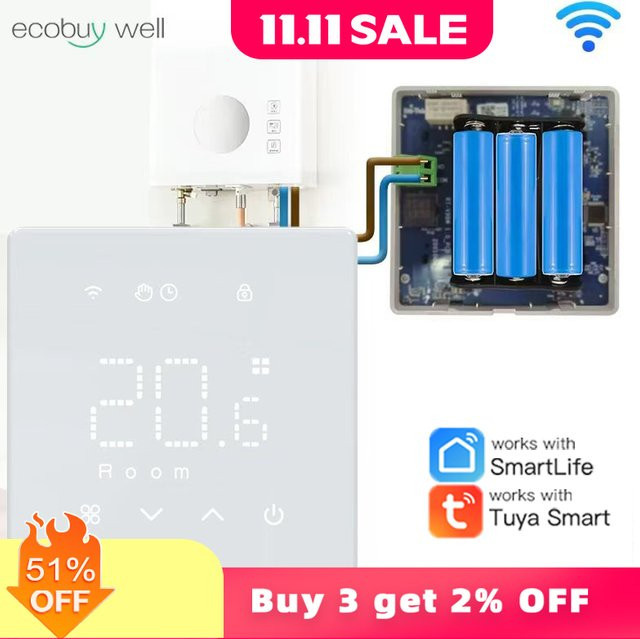 Tuya Smart Home Wifi Thermostat für Gasheizungen und Raumtemperatursteuerung, Digitaler Temperaturregler mit App-Steuerung und Alexa-Integration, Weiß - Bild 1