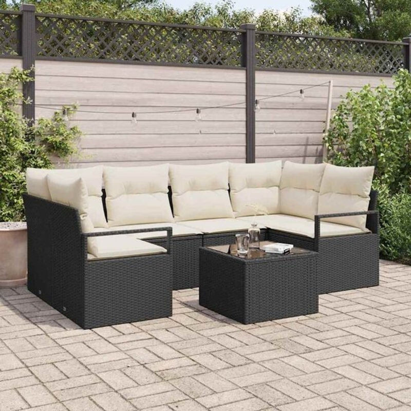 vidaXL Garten-Sofa-Set aus 7 Teilen aus Polyrattan in Schwarz und Creme, modernes Loungemöbel-Set, B/T/H: 55 x 55 x 37 cm - Bild 1