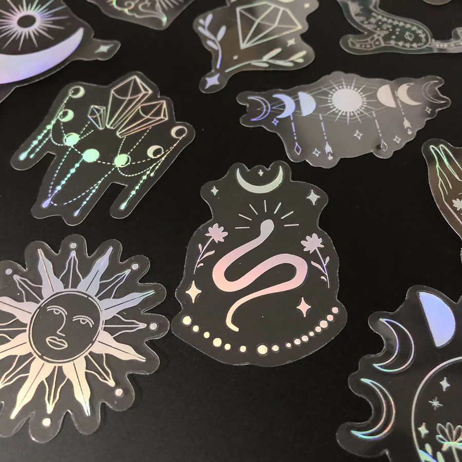 100 Stück wasserfeste Laser-Silber-Aufkleber aus transparentem PET im böhmischen Stil mit Mond, Sonne, Diamant und Feder - Bild 2