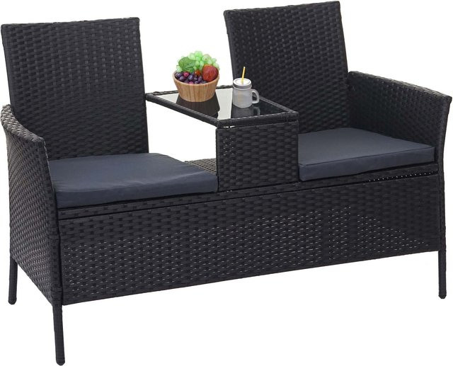 MCW Poly-Rattan Sitzbank mit Tisch E24 in Schwarz mit dunkelgrauen Kissen, Breite: 132 cm - Bild 1