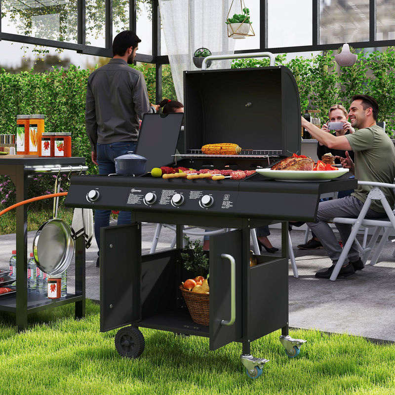 Outsunny Gasgrill aus Edelstahl mit 3+1 Brennern, Seitenbrenner, Thermometer und Kochfeld, B/T/H: 118,5 x 56 x 110 cm - Bild 2