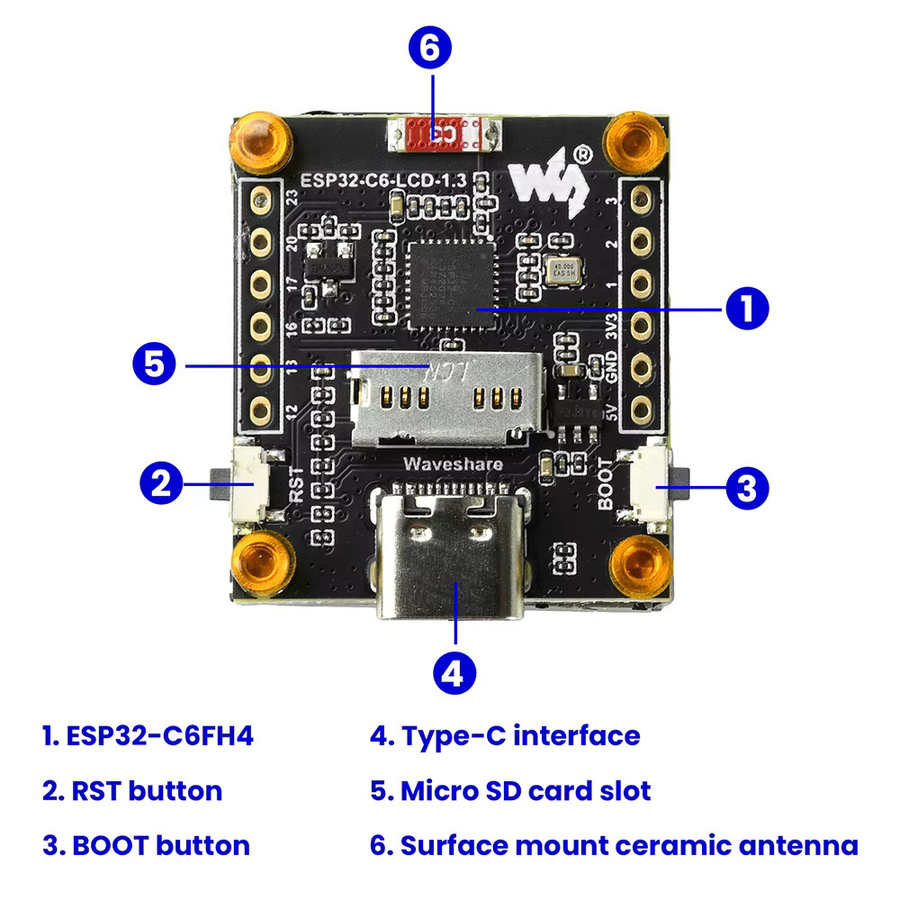 Gaqqee ESP32-C6 AIoT Entwicklungsmodul mit 1,3 Zoll IPS LCD Display, ST7789 Treiber, WiFi, Bluetooth, USB-C und 4MB Flash in Schwarz - Bild 4
