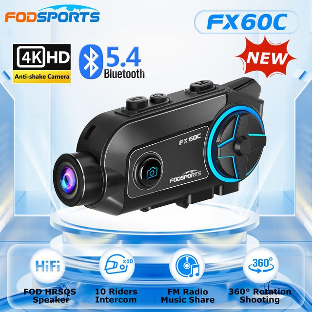 Fodsports FX60C Motorrad-Gegensprechanlage mit Bluetooth 5.4 und 4K HD Anti-Shake-Action-Kamera in Schwarz - Bild 1