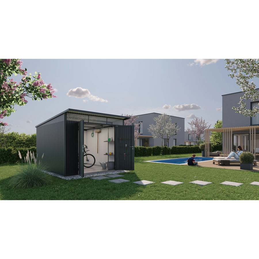 Biohort Gerätehaus AvantGarde aus Stahl mit Doppeltür und Satteldach in Dunkelgrau-Metallic, B/H/T: 257 x 222 x 337 cm - Bild 2