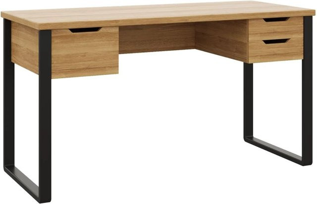 PXloue Bürotisch Schreibtisch in Schwarz und Holzoptik mit 3 Schubladen aus MDF und Metall, B/T/H: 130 x 55 x 76 cm - Bild 1