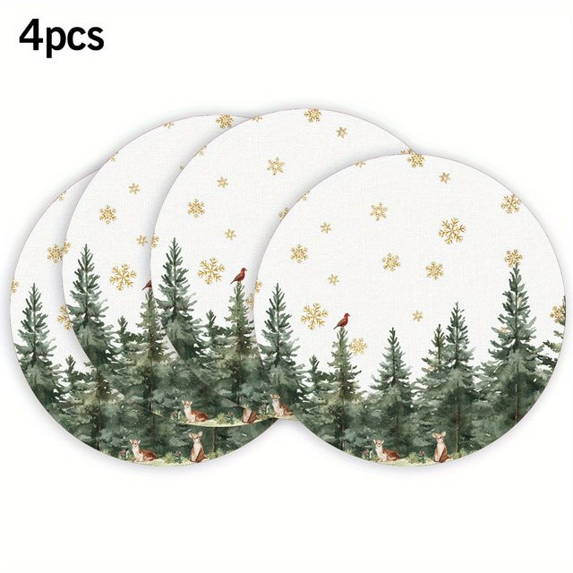 VIKAMA 4er-Set Platzsets mit Wald- und Winterlandschaftsmotiv, rund, Mehrfarbig - Bild 1
