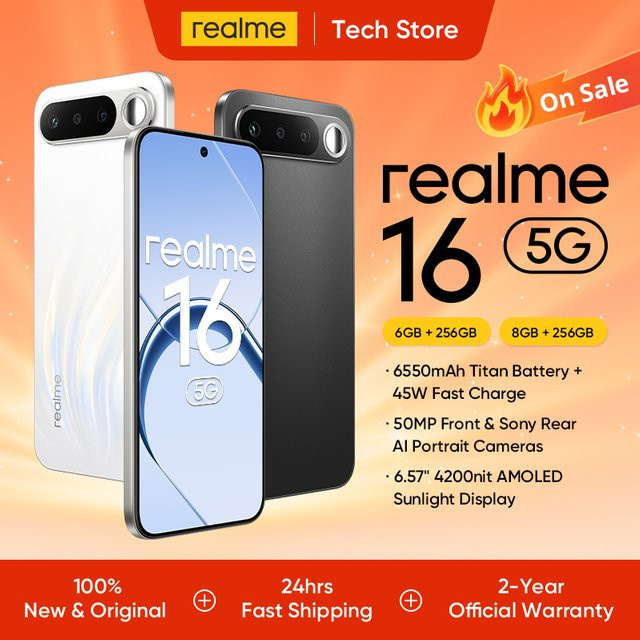 Realme 16 5G Smartphone in Schwarz mit AMOLED-Bildschirm, 50 MP Kamera, 6550 mAh Akku und 45 W Schnellladefunktion sowie IP69 Schutz - Bild 1