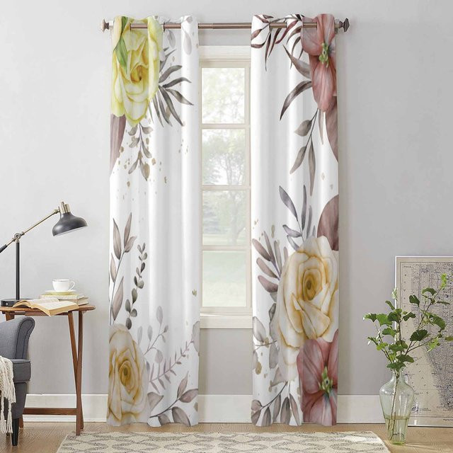 Super Six Aquarell Blumen Fenstervorhang mit floralem Design, semi-transparent, Weiß, Breite: 135 cm, Höhe: 160 cm - Bild 1