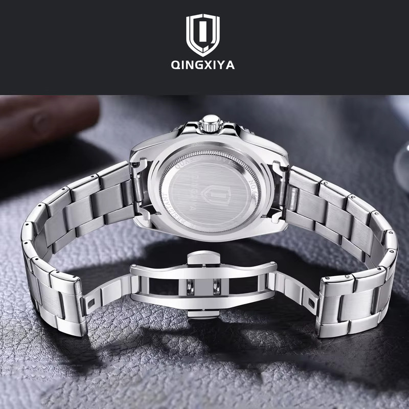 Qingxiya Armbanduhr Quarz, Edelstahl, Schwarz, Herren, Datum, Leuchtzeiger - Bild 5