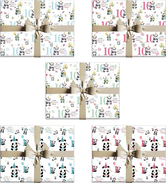 Personalisierbares Panda Geschenkpapier für deine Geburtstagsparty mit Name und Alter, 3 oder 6 Stück, Weiß - Bild 1