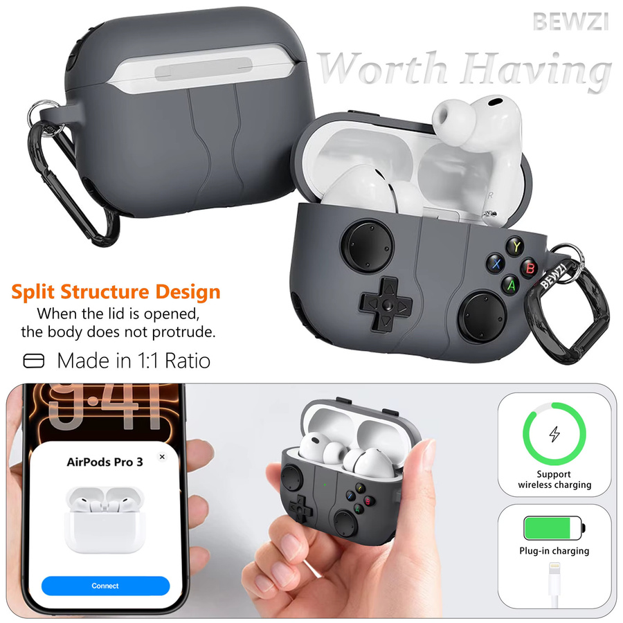 BEWZI Schutzhülle für Apple AirPods Pro 3 in Grau mit Lanyard und Haken - Bild 2