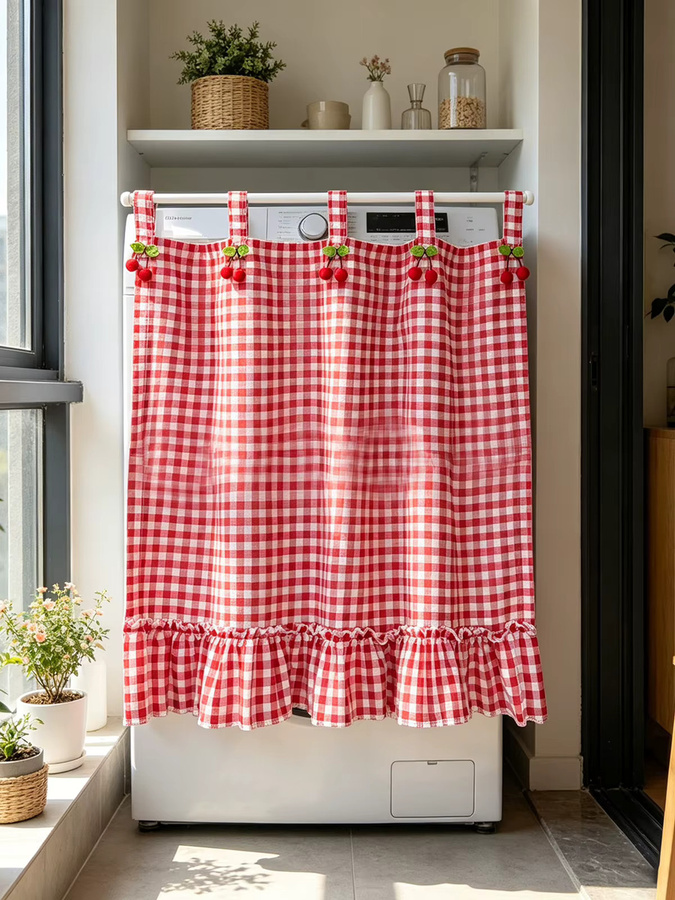WPKIRA Kurzvorhang mit Erdbeer-Motiv in Rot-Weiß Karomuster für Küche und Schrank im Country House Stil - Bild 5