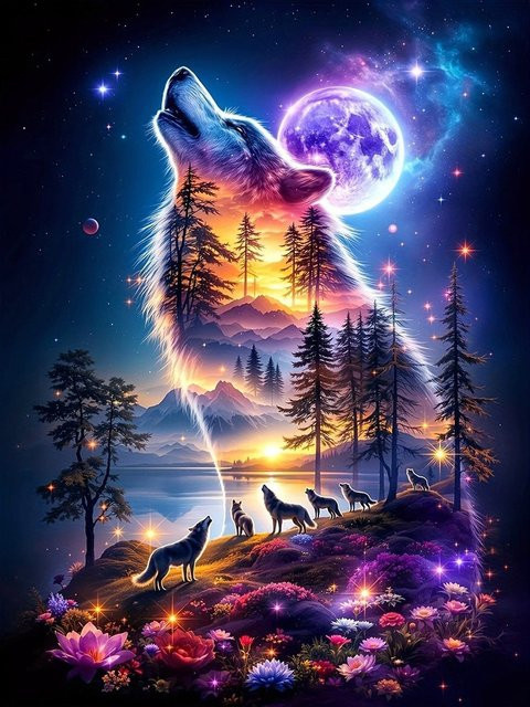 EverShine DIY Diamantmalerei Wolf im Wald mit Mond, 5D Mosaik Stickerei in Multicolour, B/H: 30 x 30 cm - Bild 1