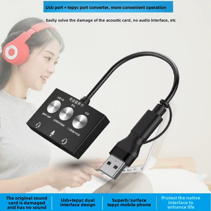 Externe USB-Soundkarte mit USB-C-Anschluss für Kopfhörer und Mikrofon in Schwarz - Bild 3