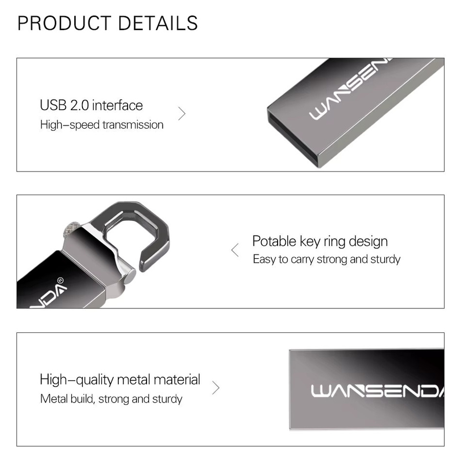 WANSENDA Wasserdichter USB-Flash-Laufwerk aus Metall in Grau, tragbarer USB 2.0 Speicherstick - Bild 2