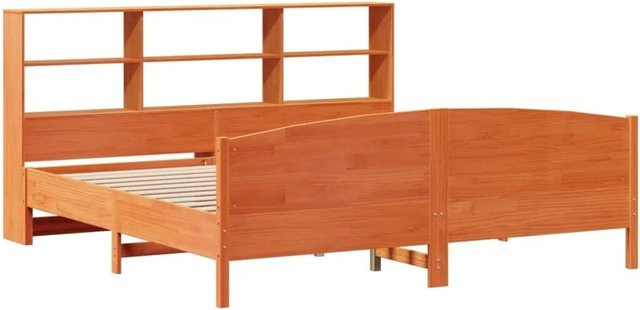 vidaXL Massivholzbett aus Kiefernholz mit Regal in Braun, rustikaler Stil, Wachsbraun - Bild 1
