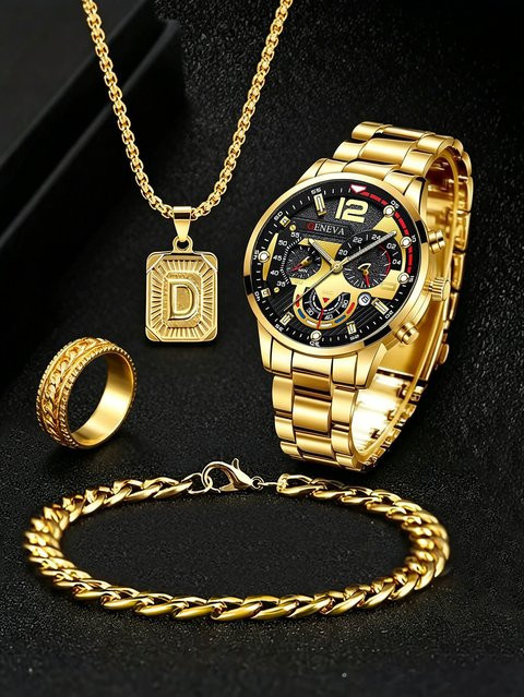 CMK Schmuck-Set, Herren, Quarz-Uhr, Ring, Halskette, Armband, Gold, Edelstahl - Bild 1
