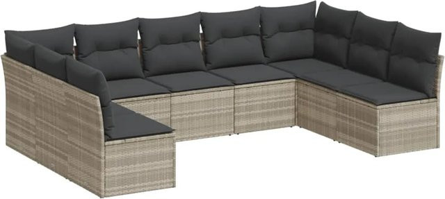 vidaXL 9-tlg. Garten-Sofagarnitur in L-Form aus Poly-Rattan mit Kissen, Hellgrau - Bild 1