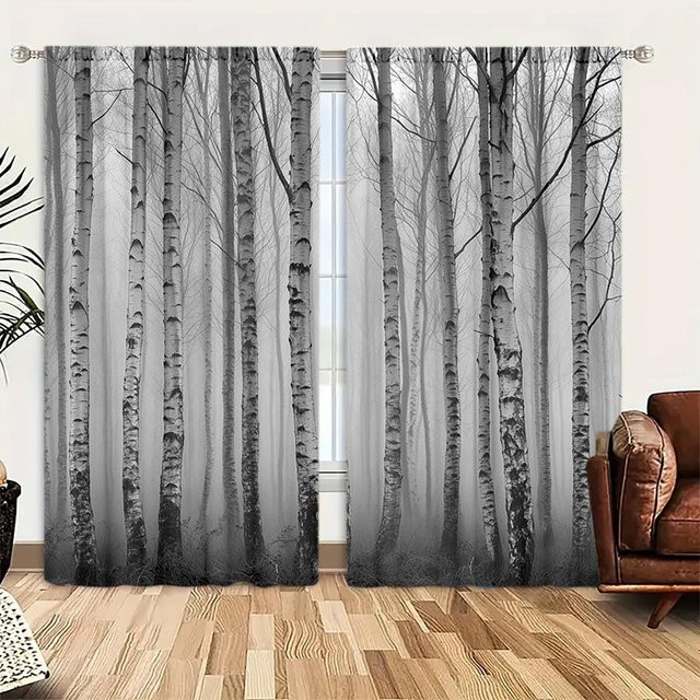 2er-Set Vorhang mit Silberbirkenmuster in Grau, halbtransparentes Fensterdekor aus Polyester, B: 132 cm, H: 213 cm - Bild 1