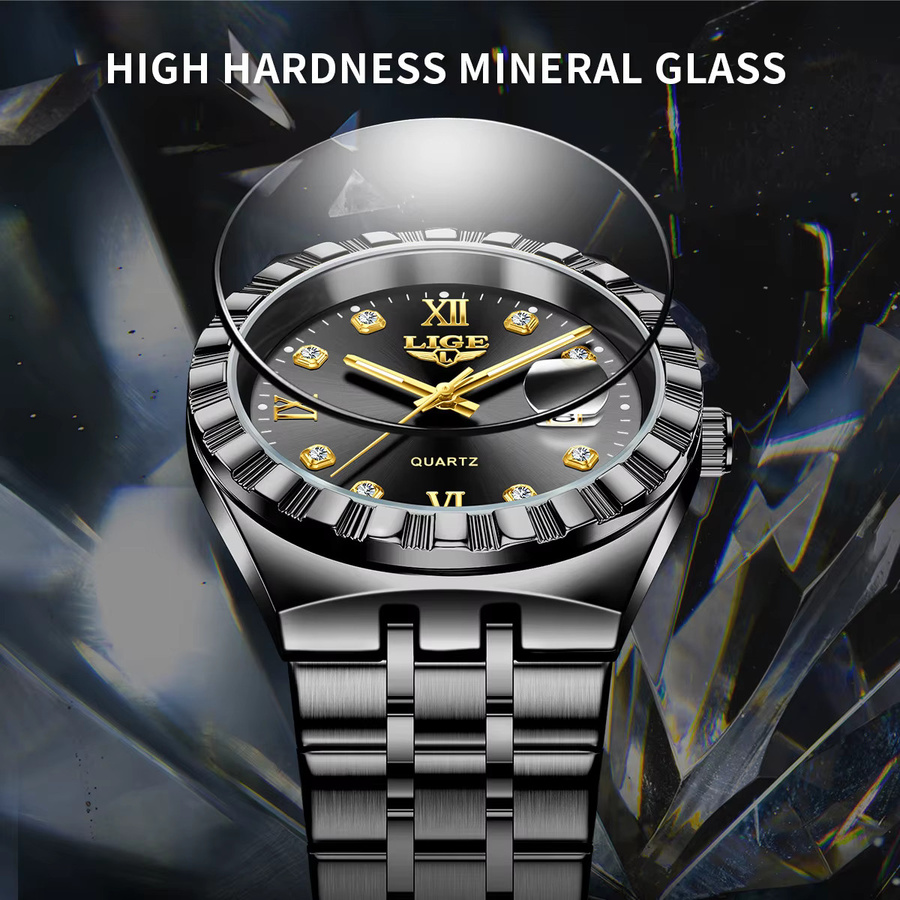 LIGE Armbanduhr Quarz, Edelstahl, Schwarz, Silber, Herren - Bild 6