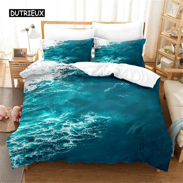 Bettwäsche-Set Binchi Outdoor Product mit Meeresmotiv in Blau und Türkis, Motiv Ozean und Hawaii-Wellen, Material Mikrofaser, B/H: 172 x 218 cm - Bild 1