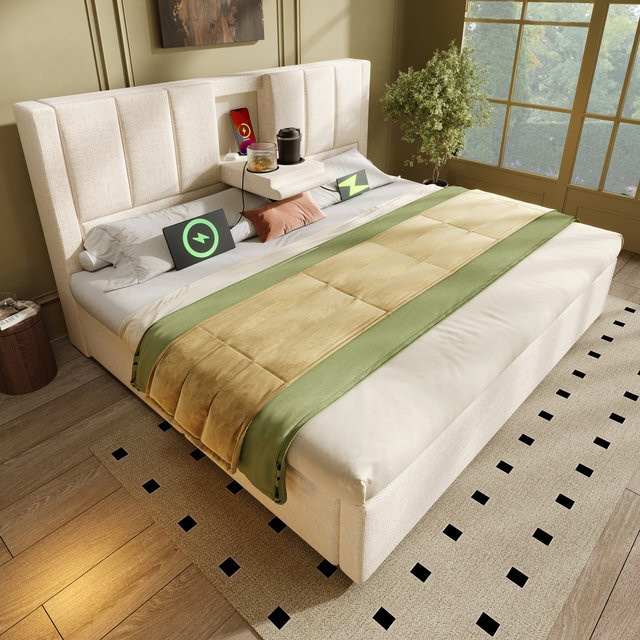 KOMHTOM Polster-Doppelbett mit hydraulischem Stauraum, USB-Ladestation und Becherhalter, B/T: 160 x 200 cm - Bild 1