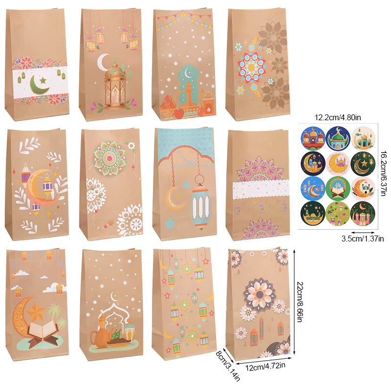 12er Set ZQNYCY Eid Mubarak Kraftpapiertüten mit Aufklebern in Braun zur Ramadan Süßigkeiten Geschenkverpackung und Islamischen Party Dekoration - Bild 2